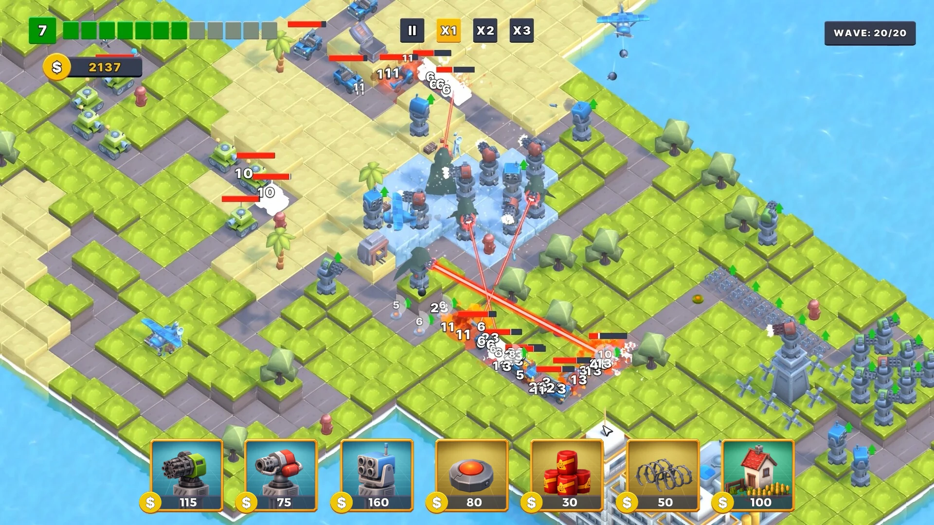 A wide late-game battlefield with multiple connected biomes and defense towers