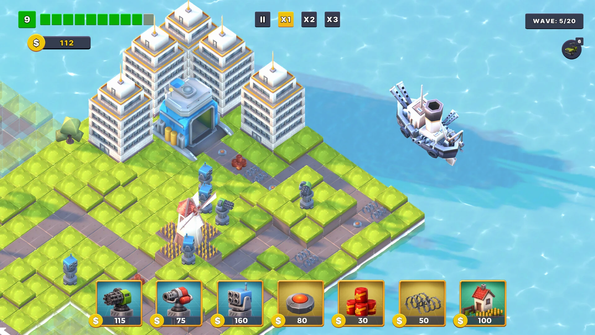 A developed Expand TD base with city buildings and an airship