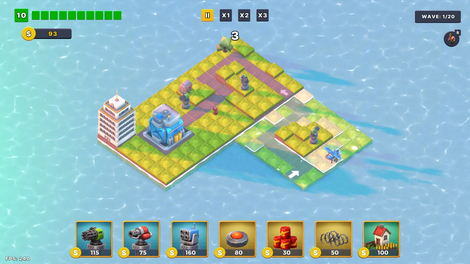 Expand TD gameplay showing translucent new map tiles revealed next to the current battlefield