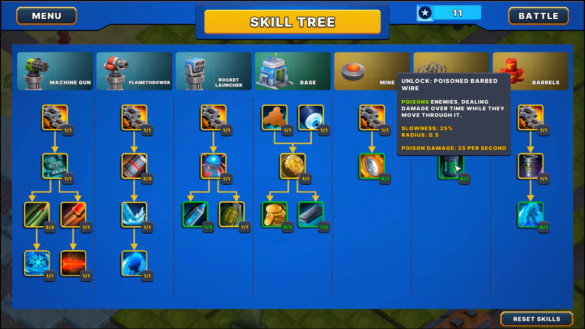 Expand TD technology skill tree featuring different defense branches, upgrade icons and permanent progression