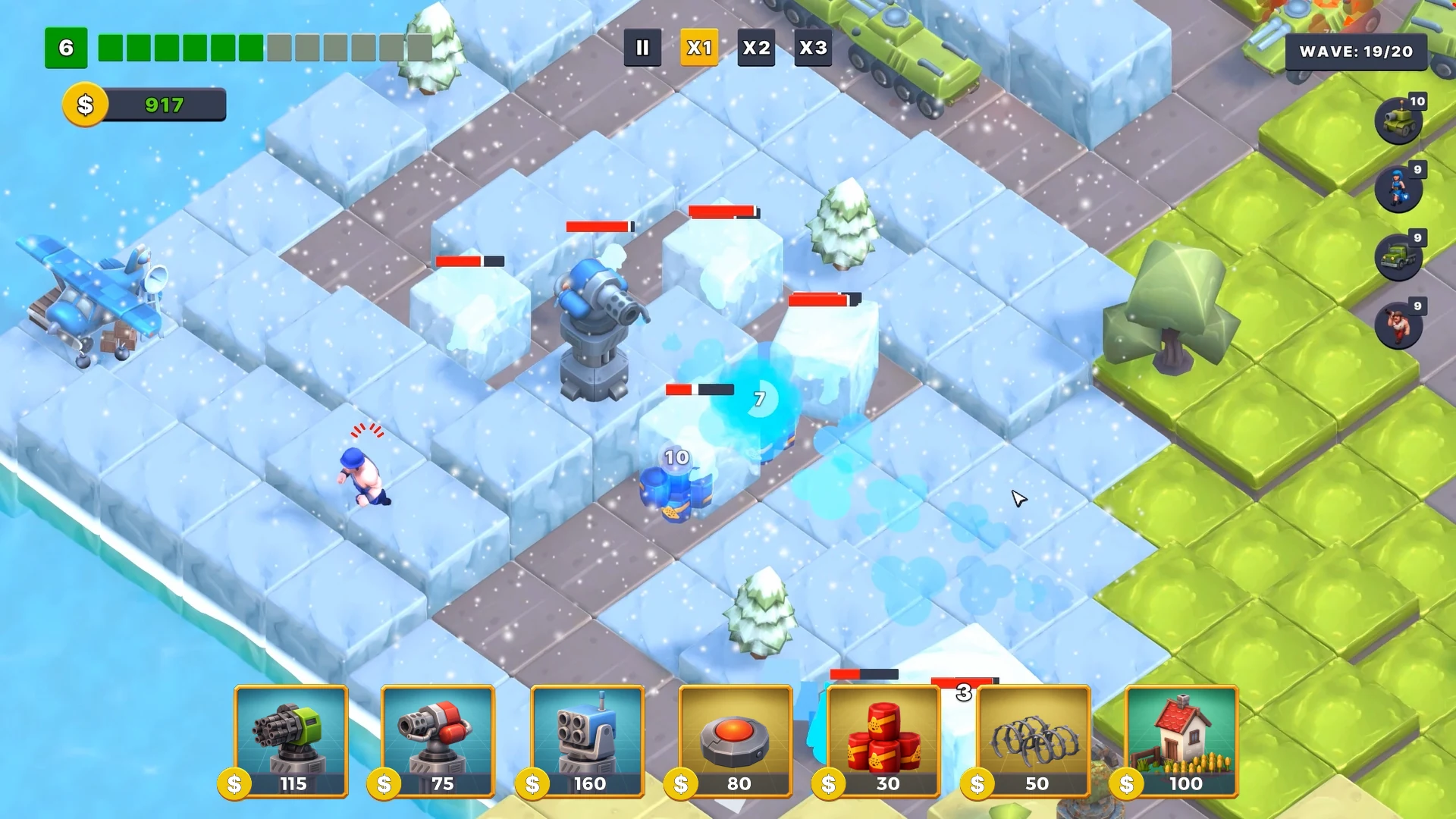 An icy biome with a blue tower defending against frost enemies